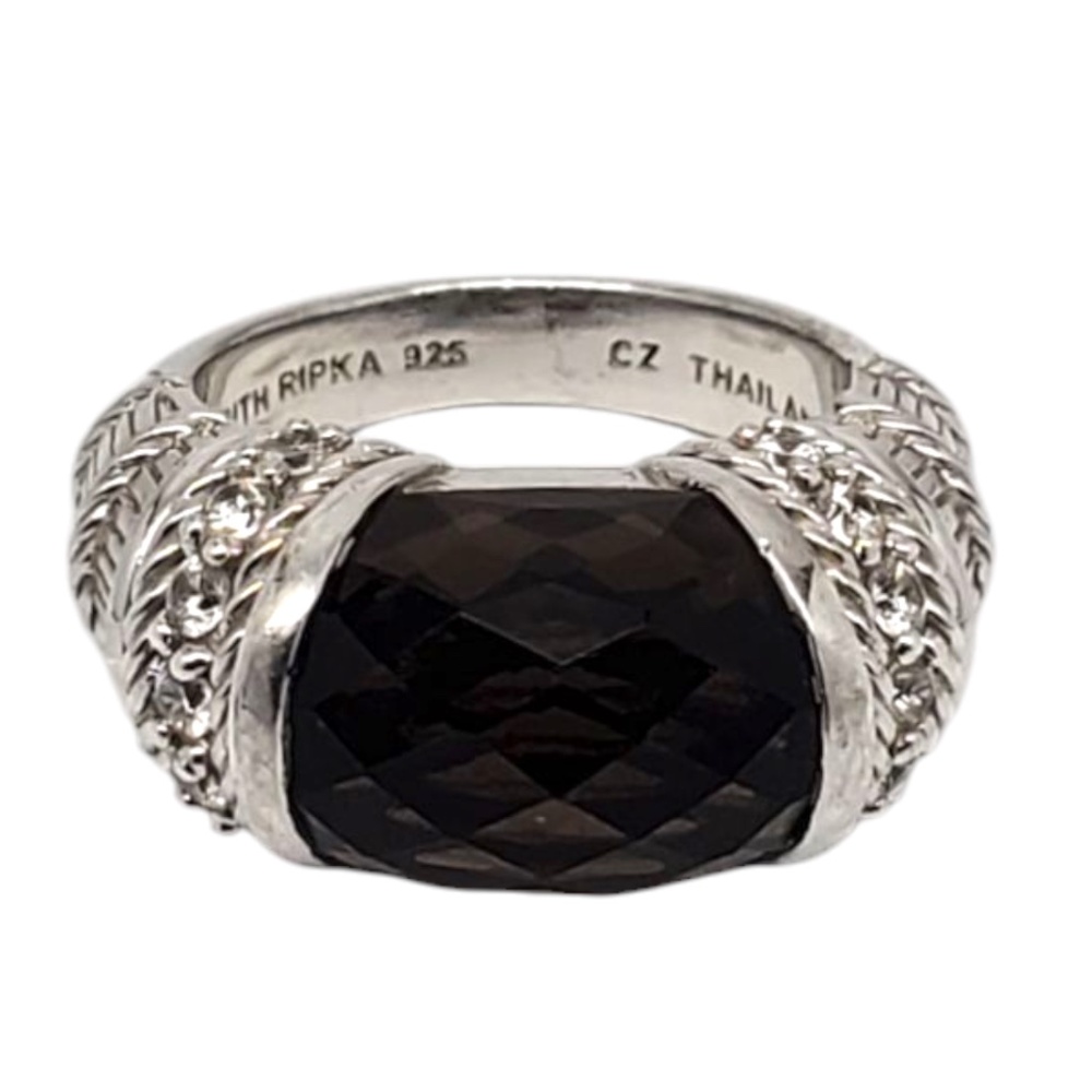 Judith Ripka Sterling Silver Smokey Quartz & CZ Ring Size 7  #21031